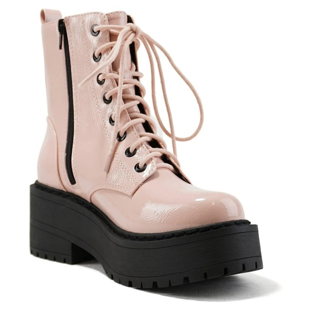 Women Combat Platform Lug Sole Block Heel Ankle Boots Blush Patent Lace Up SZ 8